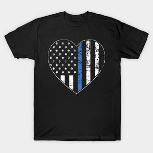 Thin Blue Line Distressed American Flag Heart T-Shirt